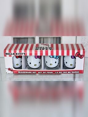 Hello Kitty Shot Glass Set in White with Red and Multicolor Accents (Set of 4)